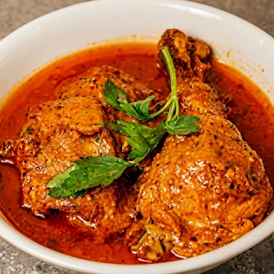 Chicken curry with drumsticks and thighs in a rich red sauce, garnished with fresh parsley.