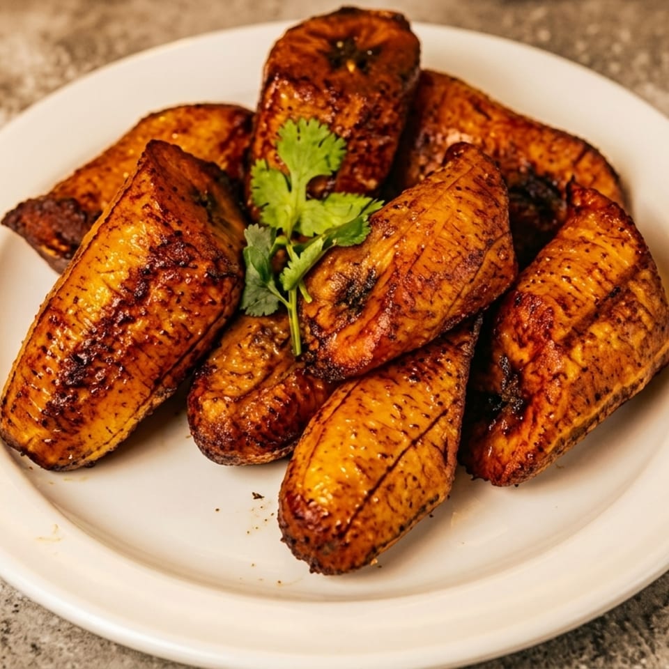 A white plate holds several golden-brown fried plantains, garnished with a sprig of cilantro.