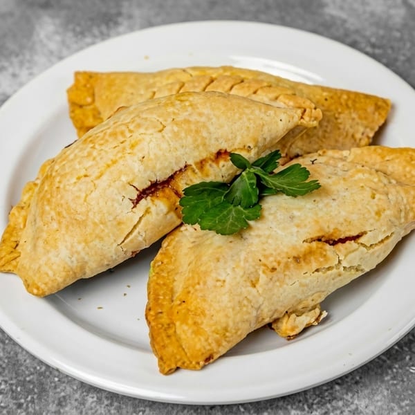 Three golden-brown Jamaican beef patties with a sprig of parsley on a white plate.